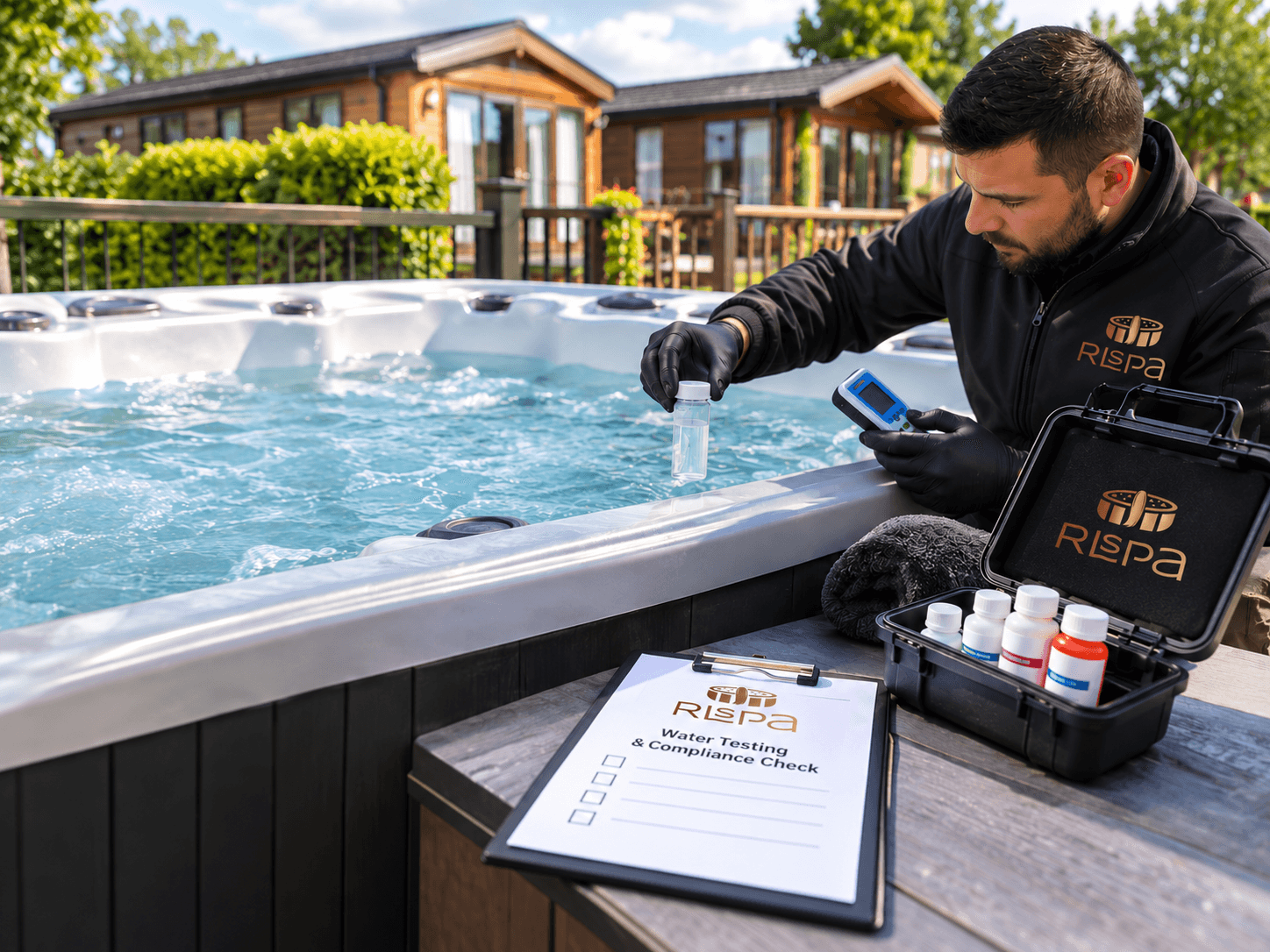 Holiday park hot tub compliance and water testing illustration showing a technician collecting a spa water sample